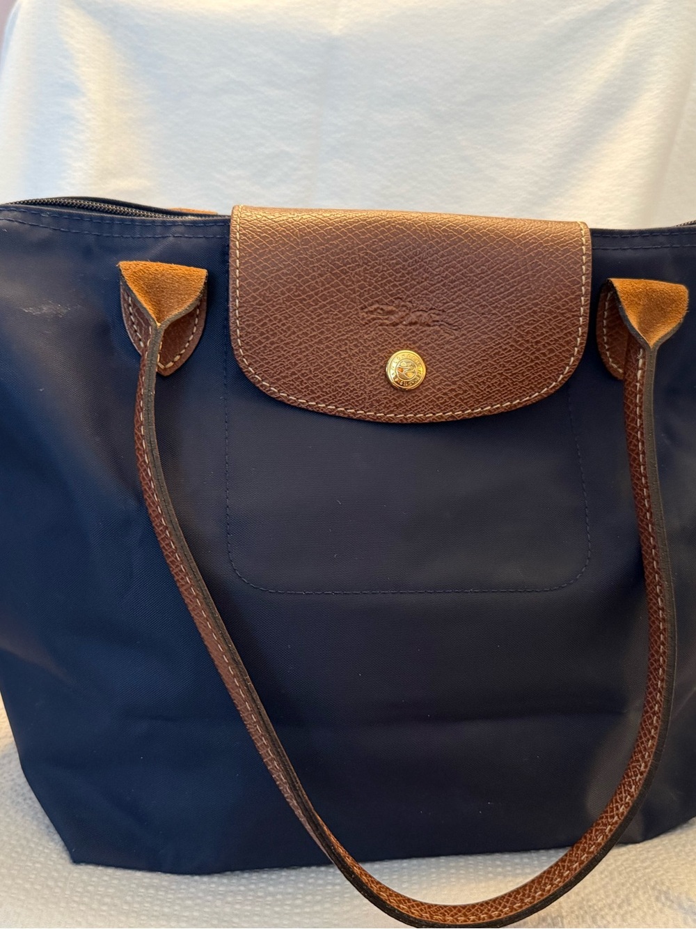 Longchamp Navy Tote with Brown Leather Trim - Picture 3 of 5
